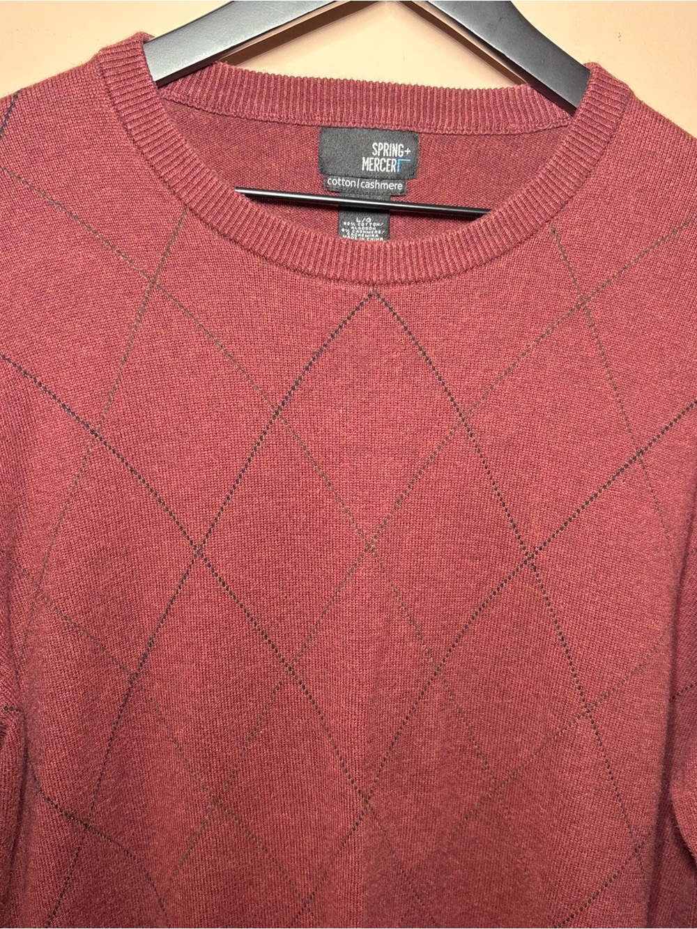 Spring + Mercer Burgundy Argyle Cotton Cashmere Sweater Large